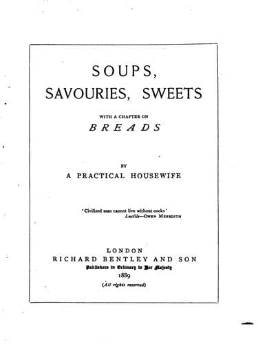 Cover of Soups, savouries, sweets, with a chapter on breads