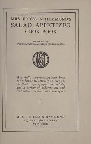 Cover of Mrs. Ericsson Hammond's salad appetizer cook book...